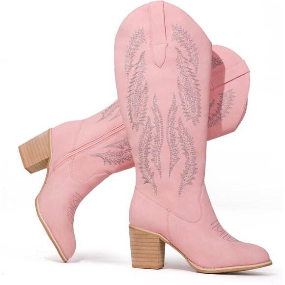 ⚡Women's Pink Retro Classic Embroidered Western Boots Cowgirl Chunky Block Heel - Picture 5 of 6
